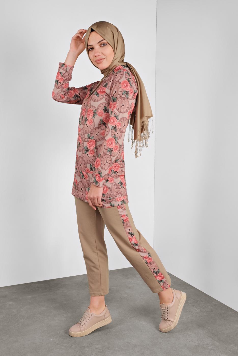 Tesettür giyim BEJ ÇİÇEK DESENLİ PANTOLONLU TAKIM  6234 