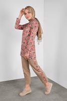 Tesettür giyim BEJ ÇİÇEK DESENLİ PANTOLONLU TAKIM  6234 