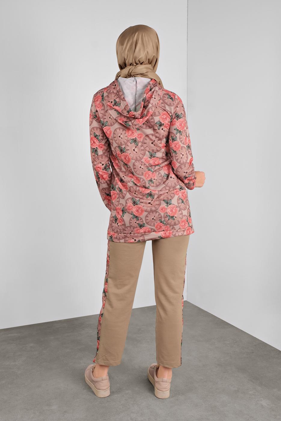 Tesettür giyim BEJ ÇİÇEK DESENLİ PANTOLONLU TAKIM  6234 