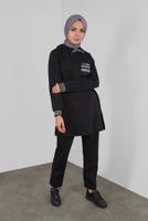 Tesettür giyim SİYAH KAPÜŞONLU TAŞ BASKILI EŞOFMAN TAKIM  6336