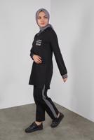 Tesettür giyim SİYAH KAPÜŞONLU TAŞ BASKILI EŞOFMAN TAKIM  6336