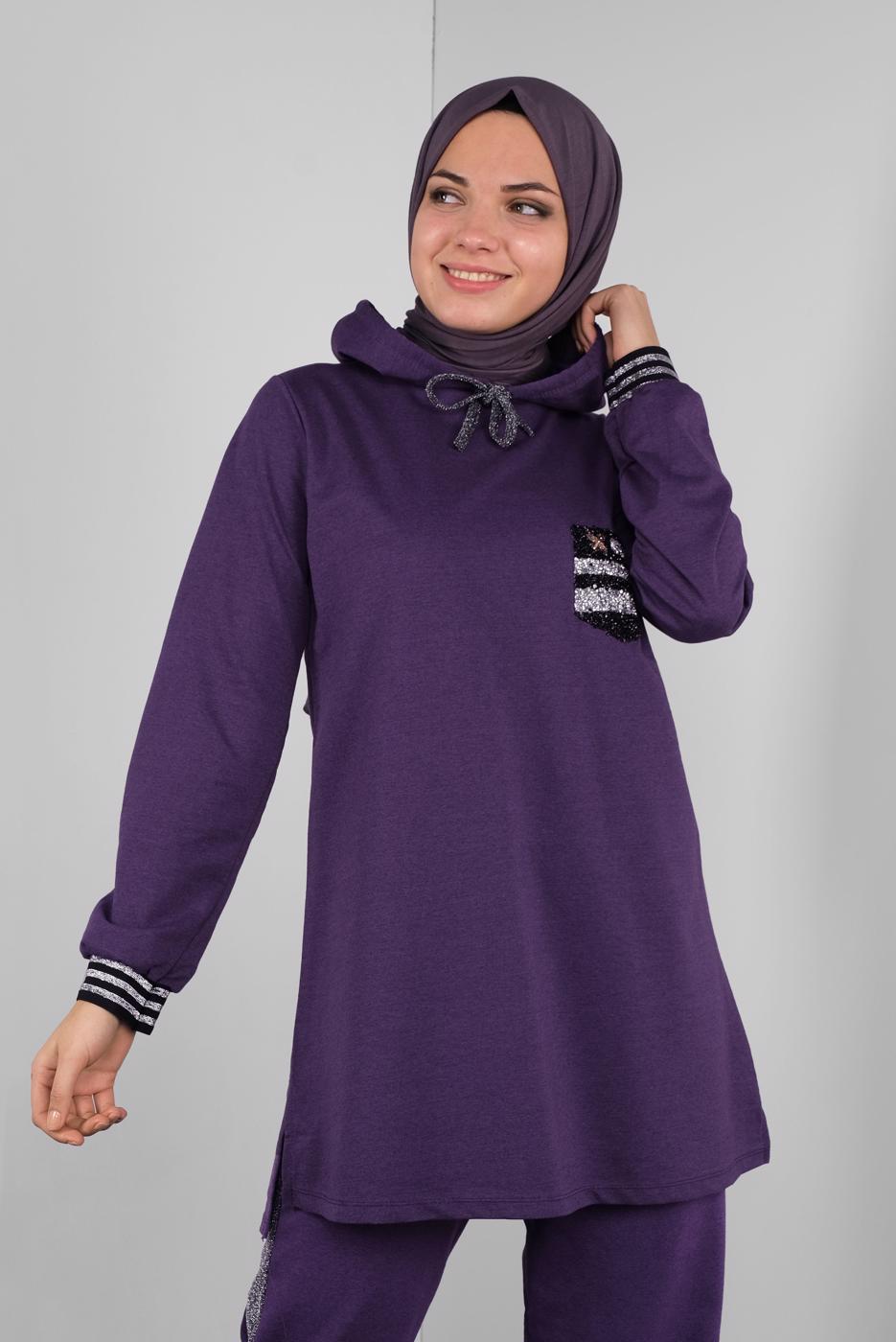 Tesettür giyim MOR KAPÜŞONLU TAŞ BASKILI EŞOFMAN TAKIM  6336