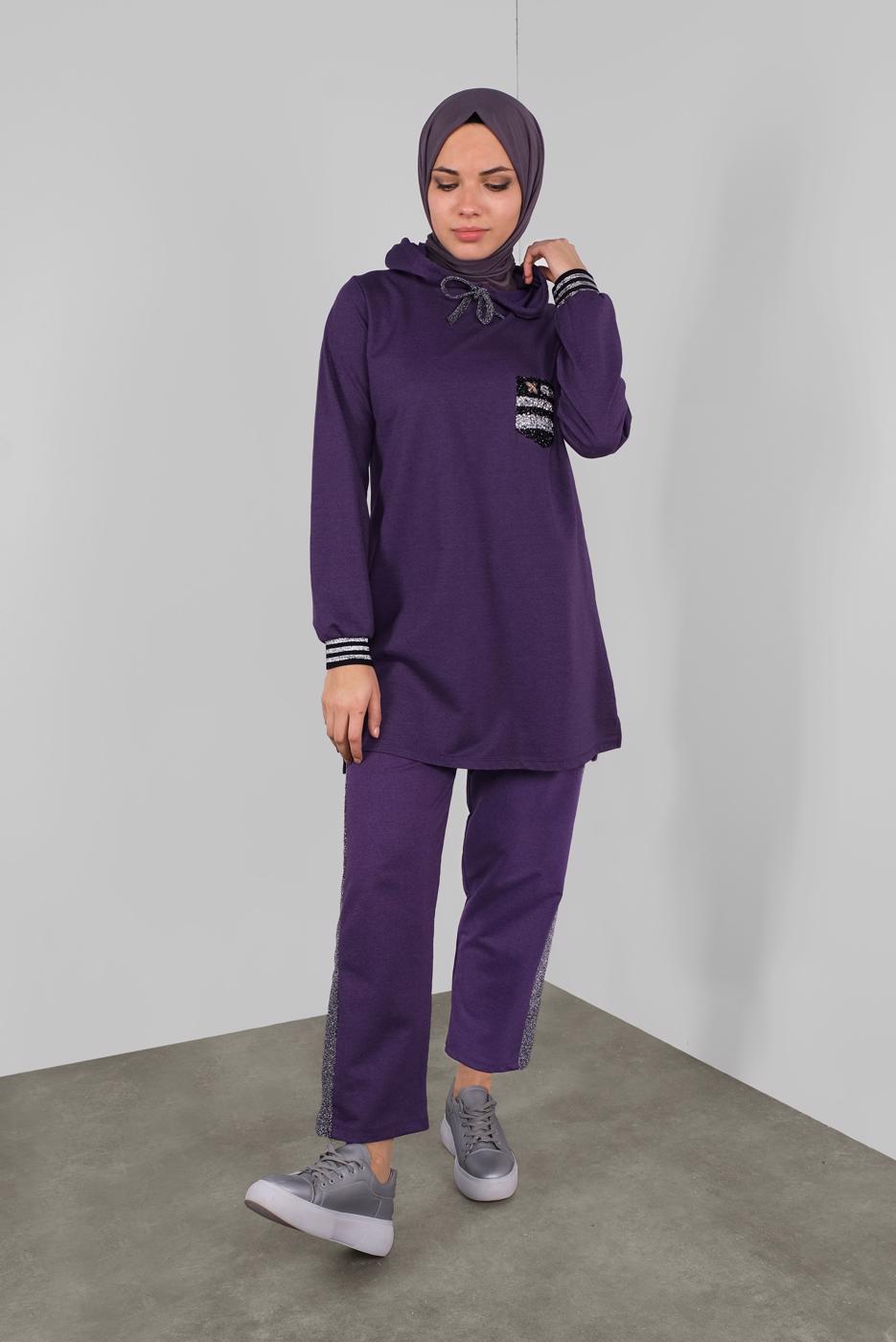 Tesettür giyim MOR KAPÜŞONLU TAŞ BASKILI EŞOFMAN TAKIM  6336