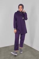 Tesettür giyim MOR KAPÜŞONLU TAŞ BASKILI EŞOFMAN TAKIM  6336