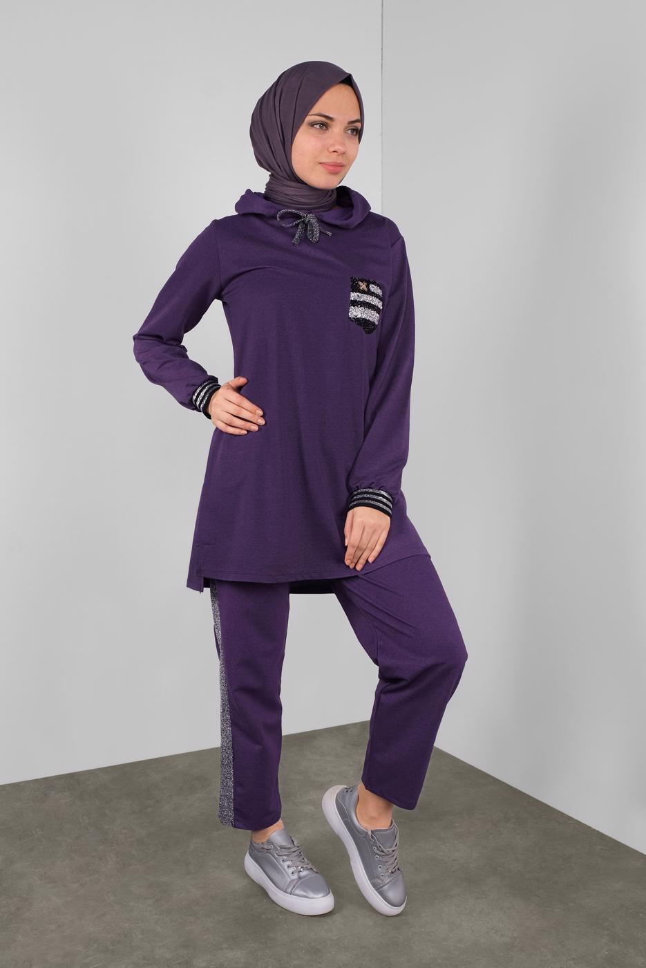 Tesettür giyim MOR KAPÜŞONLU TAŞ BASKILI EŞOFMAN TAKIM  6336