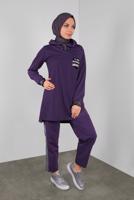 Tesettür giyim MOR KAPÜŞONLU TAŞ BASKILI EŞOFMAN TAKIM  6336