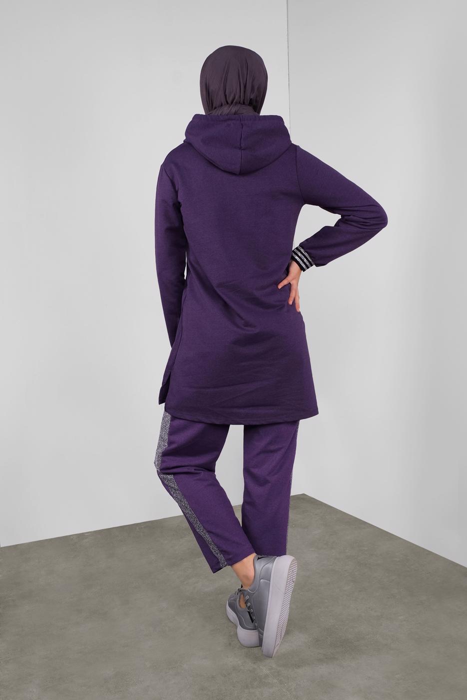 Tesettür giyim MOR KAPÜŞONLU TAŞ BASKILI EŞOFMAN TAKIM  6336