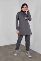 Tesettür giyim GRİ KAPÜŞONLU TAŞ BASKILI EŞOFMAN TAKIM  6336