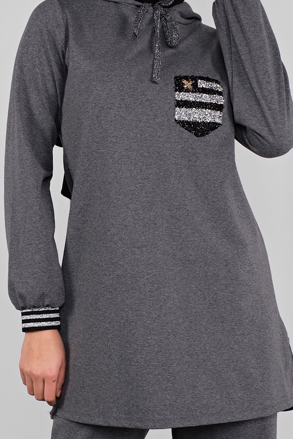 Tesettür giyim GRİ KAPÜŞONLU TAŞ BASKILI EŞOFMAN TAKIM  6336