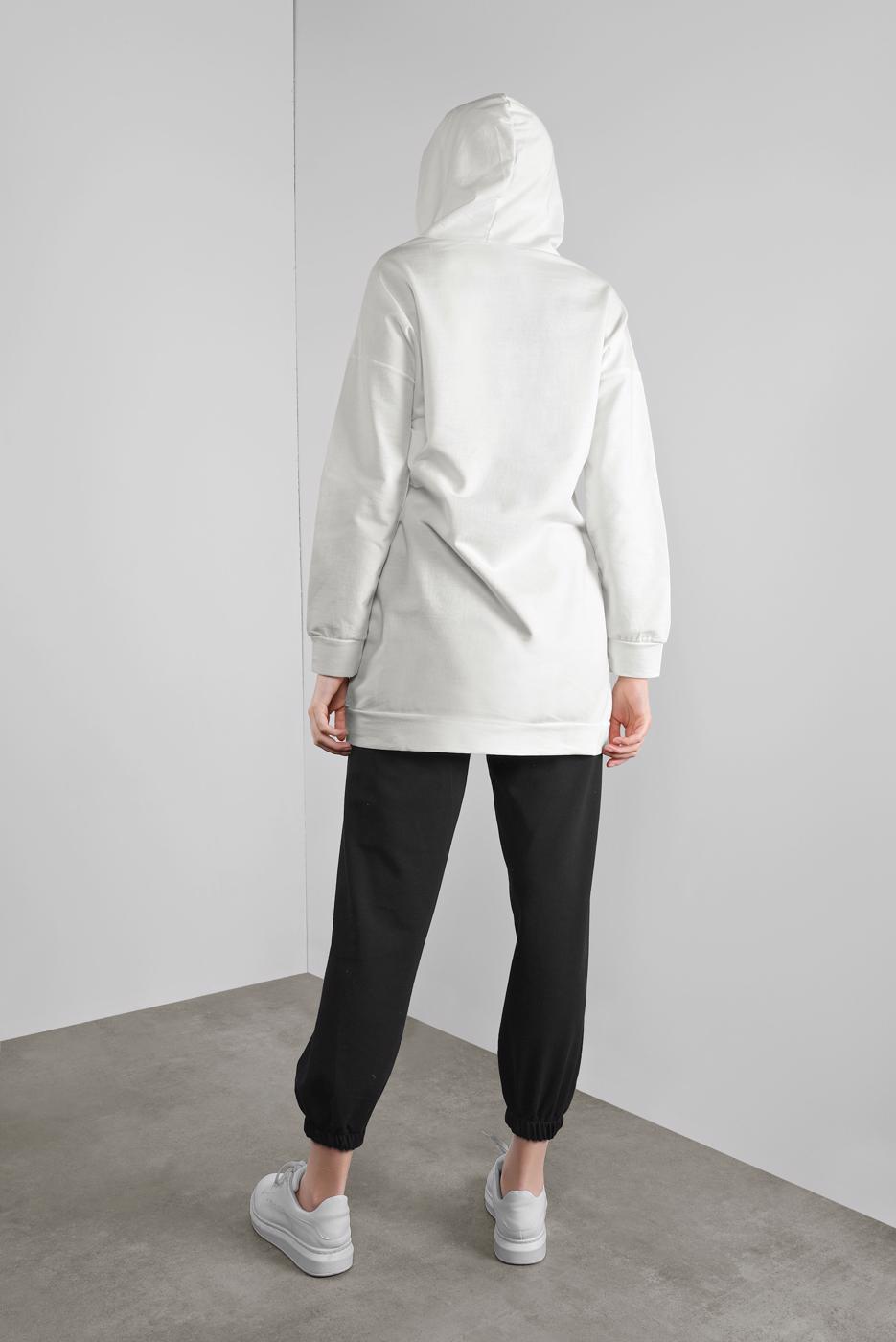 Tesettür giyim KREM ŞERİT DESENLİ KAPÜŞONLU EŞOFMAN TAKIMI  6746 