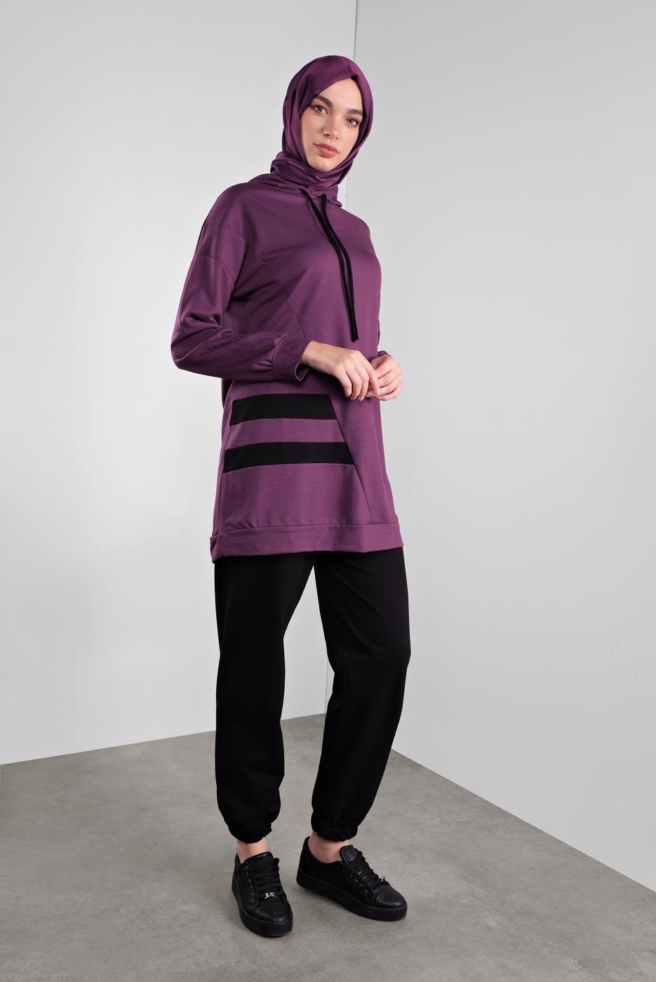 Tesettür giyim MOR ŞERİT DESENLİ KAPÜŞONLU EŞOFMAN TAKIMI  6746 
