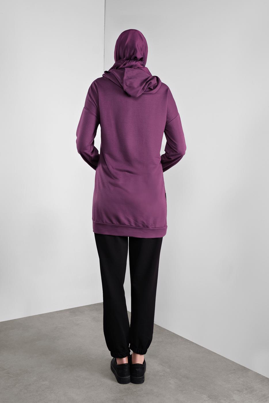 Tesettür giyim MOR ŞERİT DESENLİ KAPÜŞONLU EŞOFMAN TAKIMI  6746 