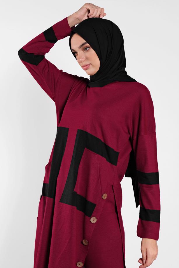 Vêtements hijab ROUGE BORDEAUX COSTUME FENTES À BOUTONNÉES 8102 - TRENDTESETTÜR