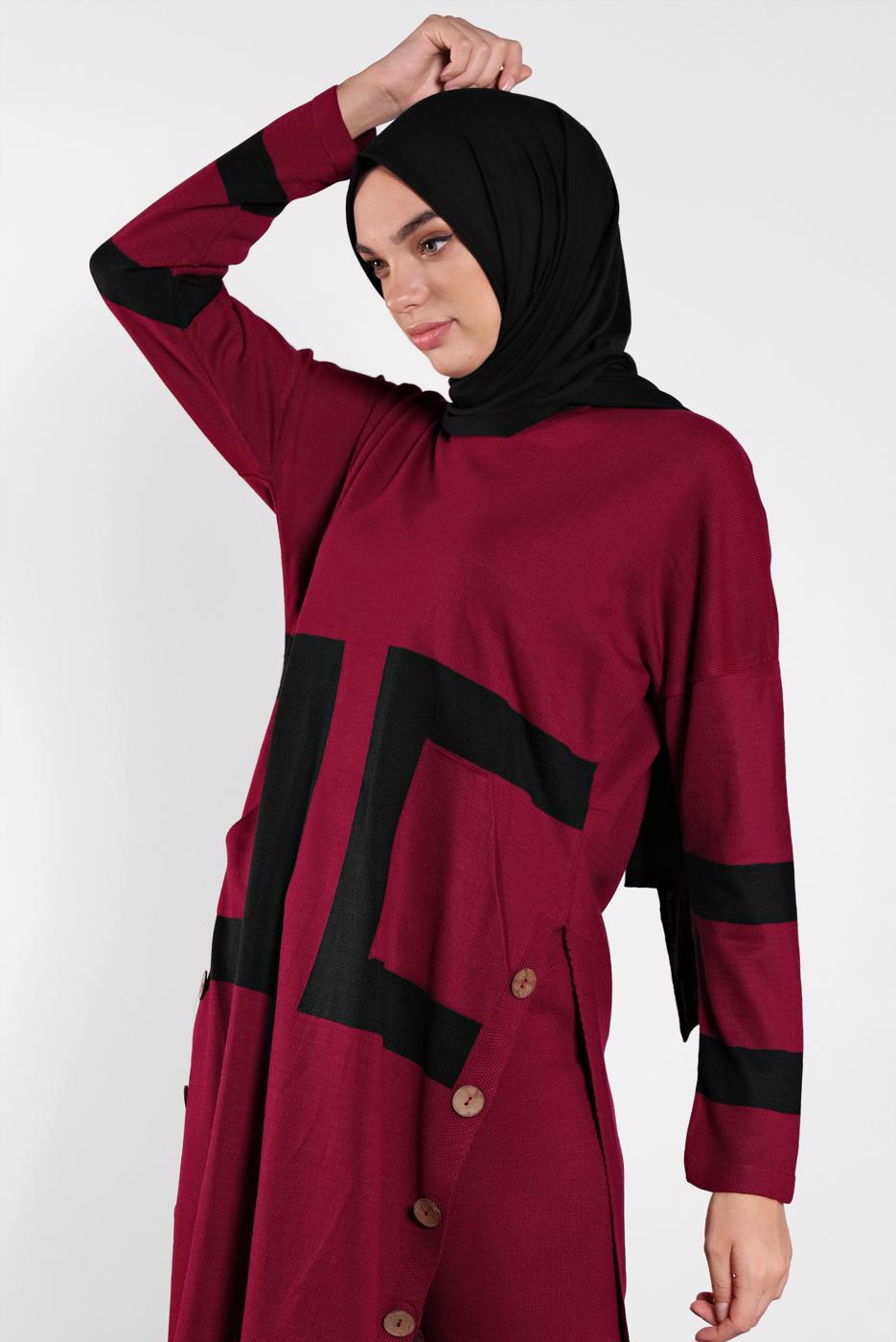 Vêtements hijab ROUGE BORDEAUX COSTUME FENTES À BOUTONNÉES 8102