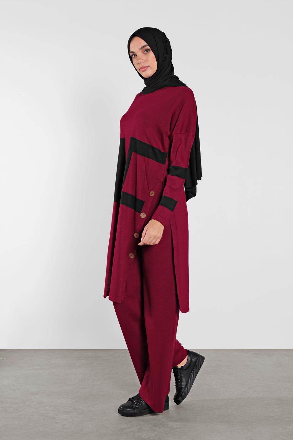 Vêtements hijab ROUGE BORDEAUX COSTUME FENTES À BOUTONNÉES 8102