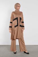 Tesettür giyim KAHVE YIRTMACI DÜĞMELİ PANTOLON TAKIM 8102