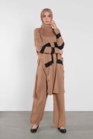 Tesettür giyim KAHVE YIRTMACI DÜĞMELİ PANTOLON TAKIM 8102