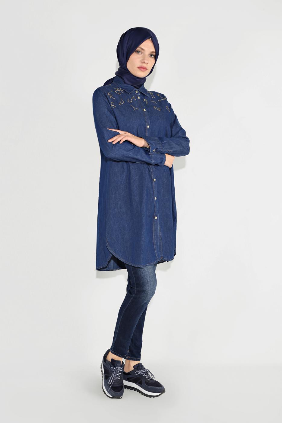 Tesettür giyim MAVİ PAMUKLU DÜĞMELİ TUNİK 65915