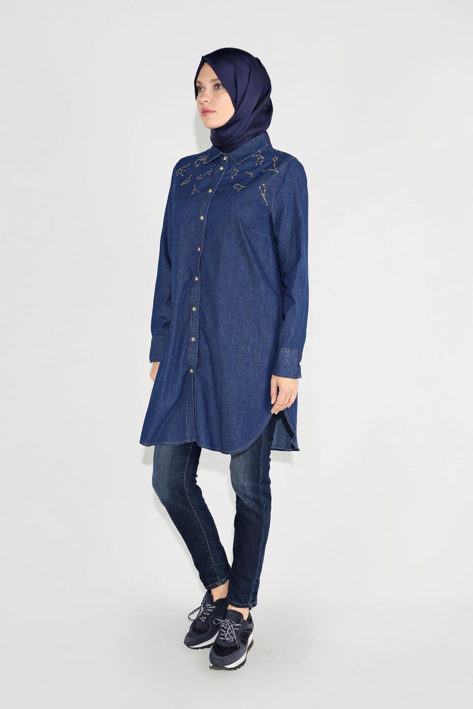 Tesettür giyim MAVİ PAMUKLU DÜĞMELİ TUNİK 65915