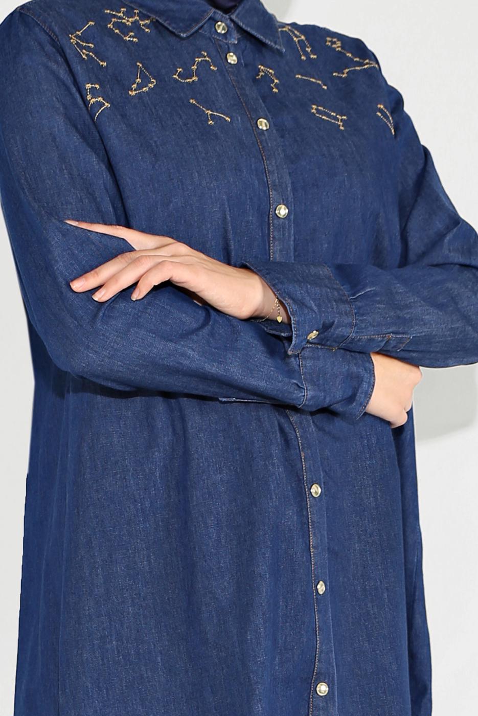 Tesettür giyim MAVİ PAMUKLU DÜĞMELİ TUNİK 65915