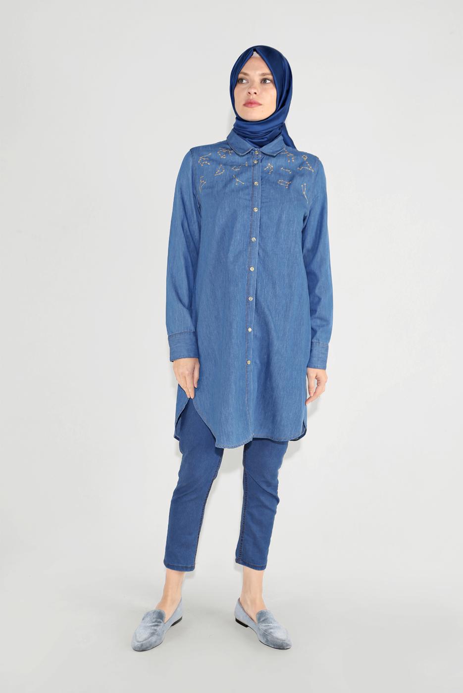 Tesettür giyim MAVİ PAMUKLU DÜĞMELİ TUNİK 65915