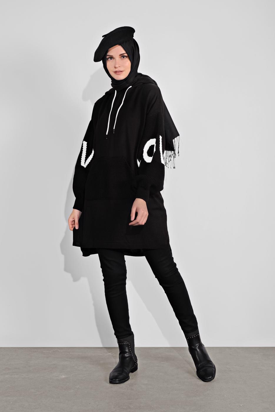 Tesettür giyim SİYAH KAPÜŞONLU TRİKO TUNİK 11441 