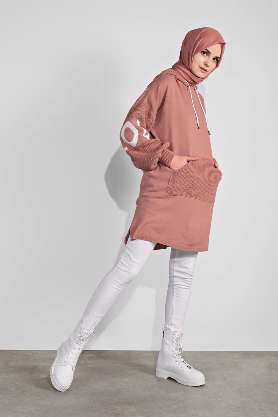 Tesettür giyim PUDRA KAPÜŞONLU TRİKO TUNİK 11441 