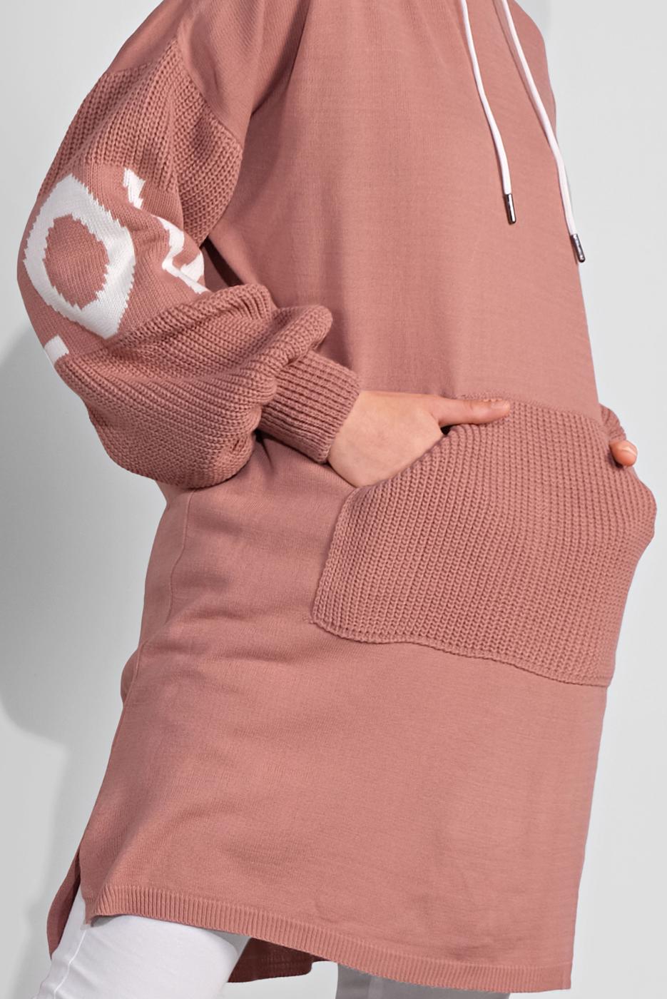 Tesettür giyim PUDRA KAPÜŞONLU TRİKO TUNİK 11441 