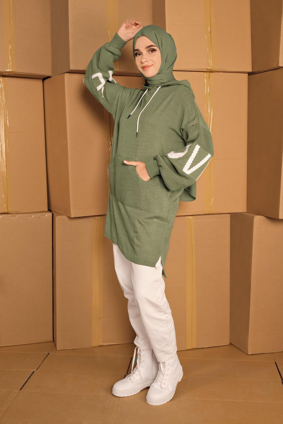 Vêtements hijab VERT TUNIQUE EN TRICOT À CAPUCHE 11441 