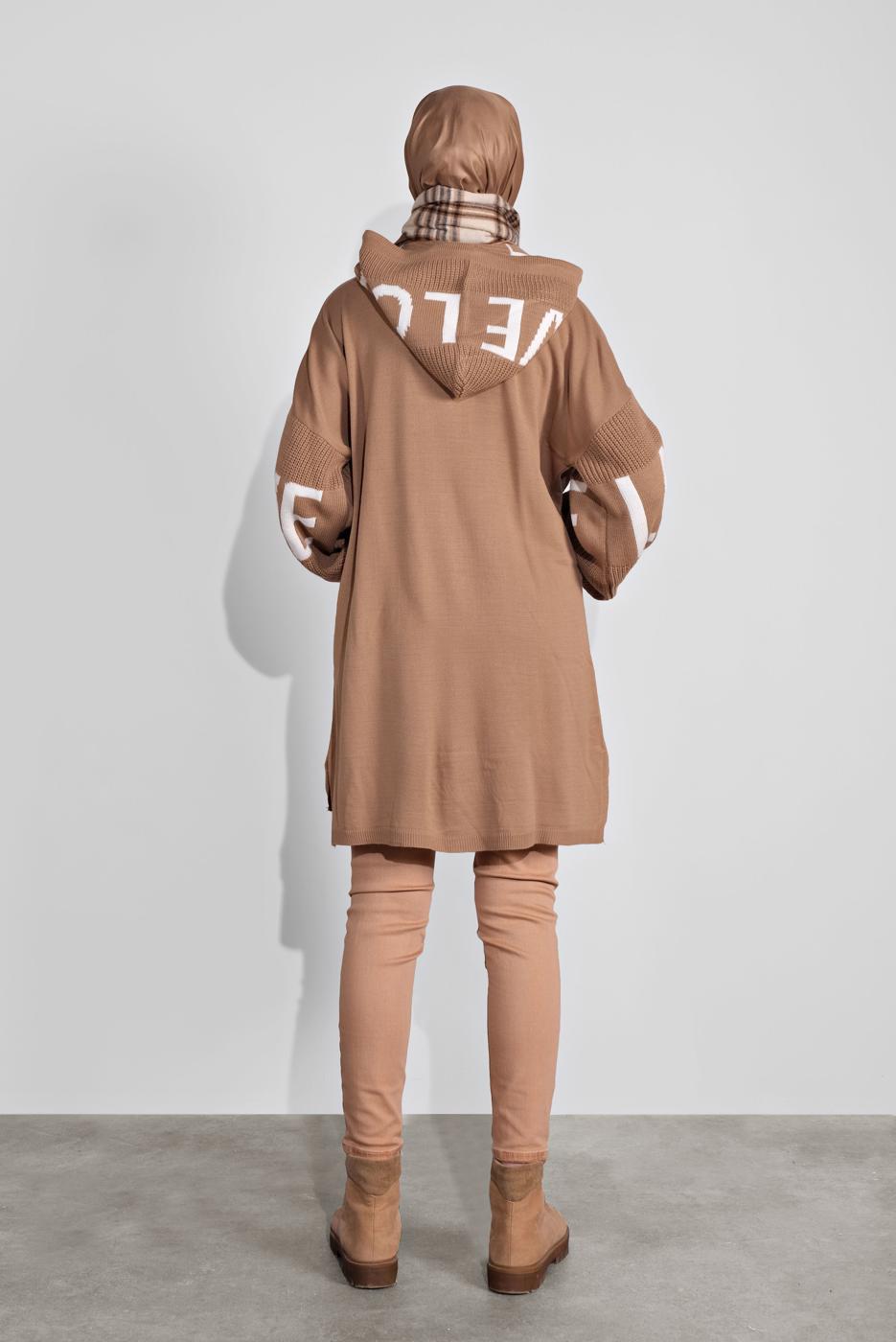 Tesettür giyim KAHVE KAPÜŞONLU TRİKO TUNİK 11441 