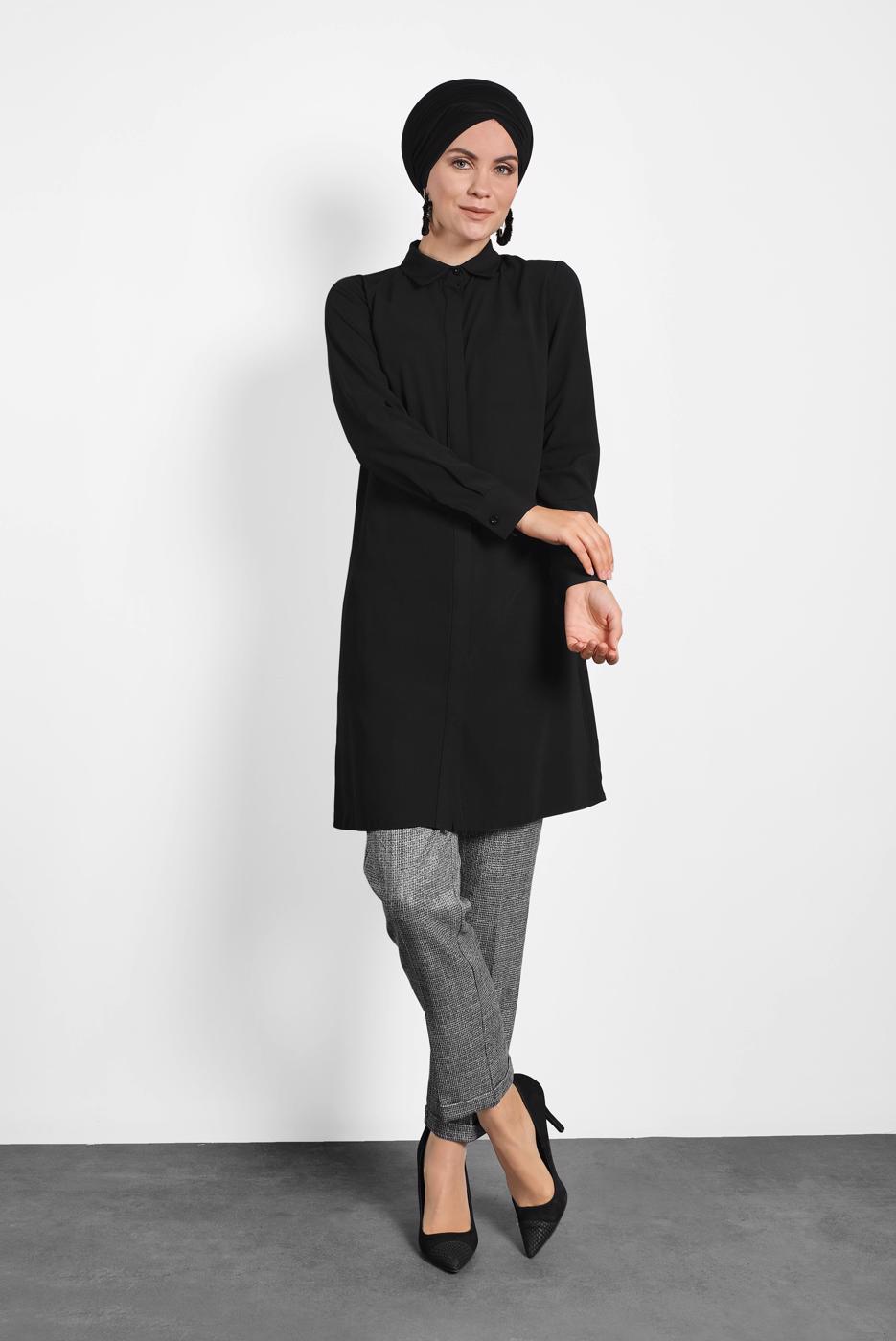 Tesettür giyim SİYAH ALVİNA GİZLİ DÜĞMELİ TUNİK 40138