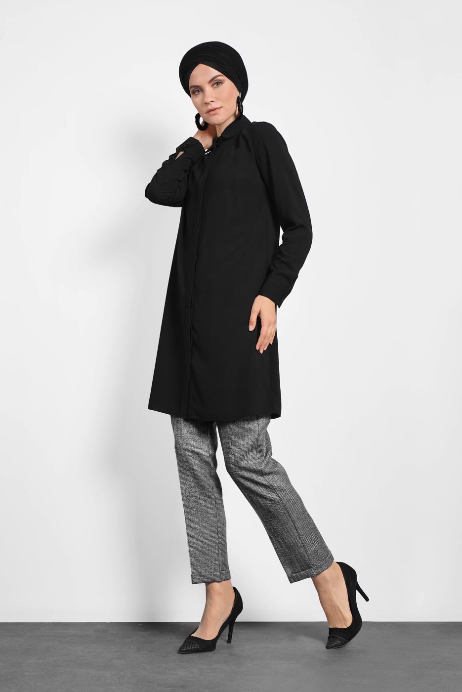 Tesettür giyim SİYAH ALVİNA GİZLİ DÜĞMELİ TUNİK 40138