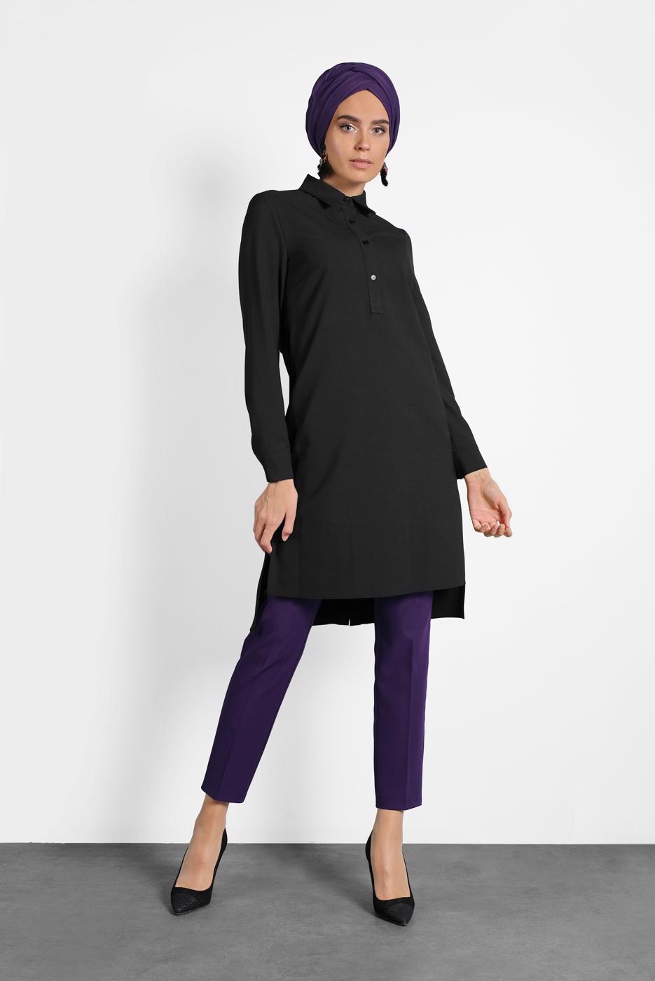 Tesettür giyim SİYAH ALVİNA GÖMLEK YAKA DÜĞMELİ TUNİK 40183