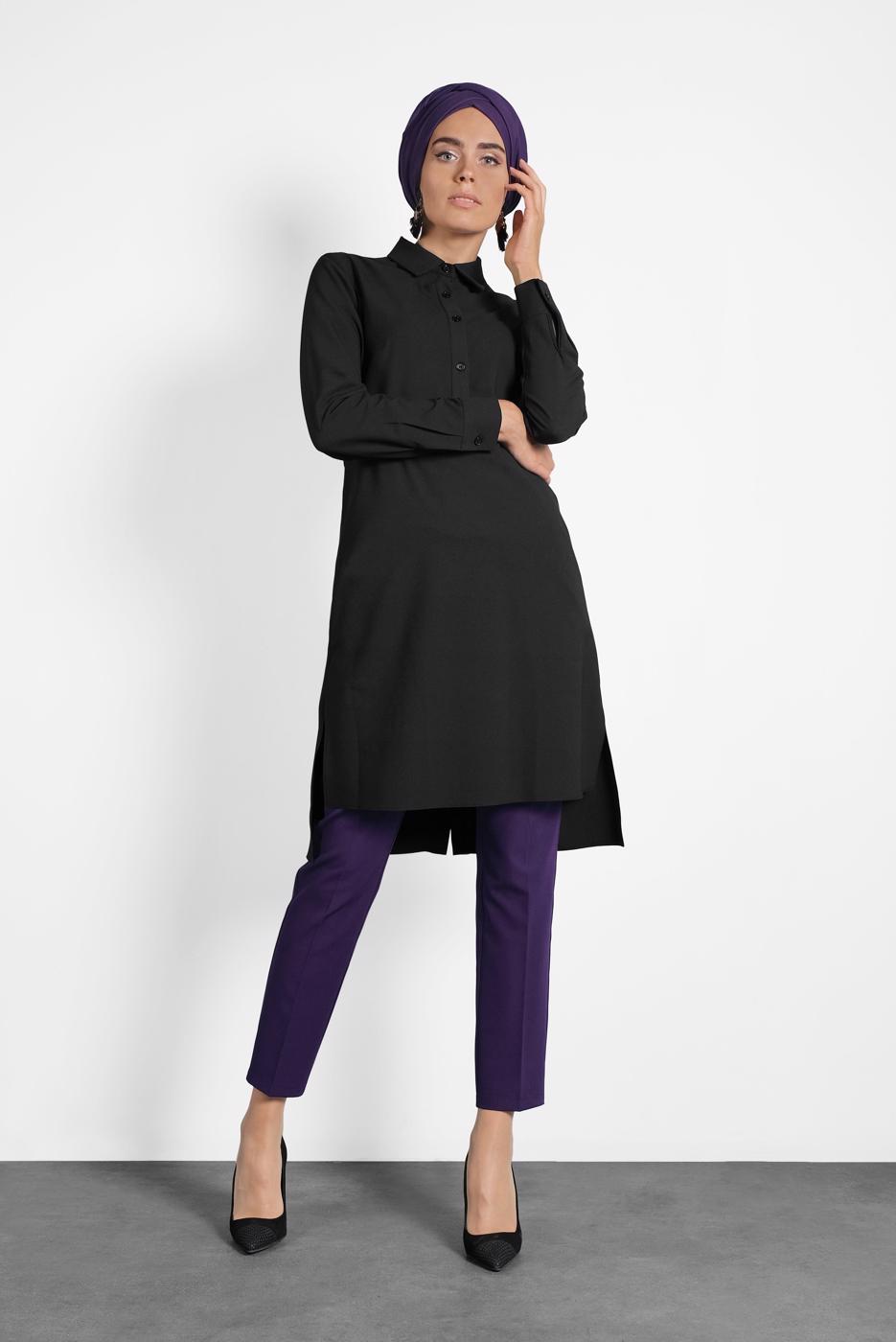 Tesettür giyim SİYAH ALVİNA GÖMLEK YAKA DÜĞMELİ TUNİK 40183