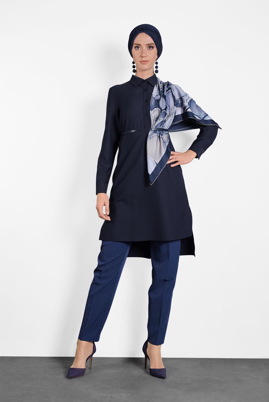 Tesettür giyim LACİVERT ALVİNA GÖMLEK YAKA DÜĞMELİ TUNİK 40183