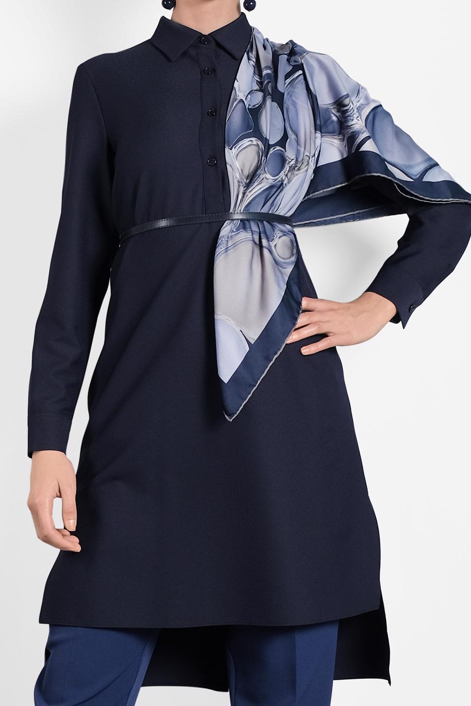 Tesettür giyim LACİVERT ALVİNA GÖMLEK YAKA DÜĞMELİ TUNİK 40183