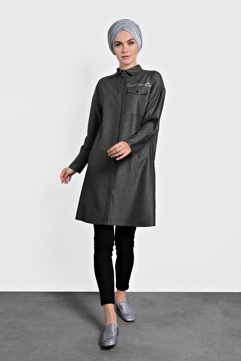 Tesettür giyim HAKİ ALVİNA ERKEK YAKA PARLAK TUNİK 40211 