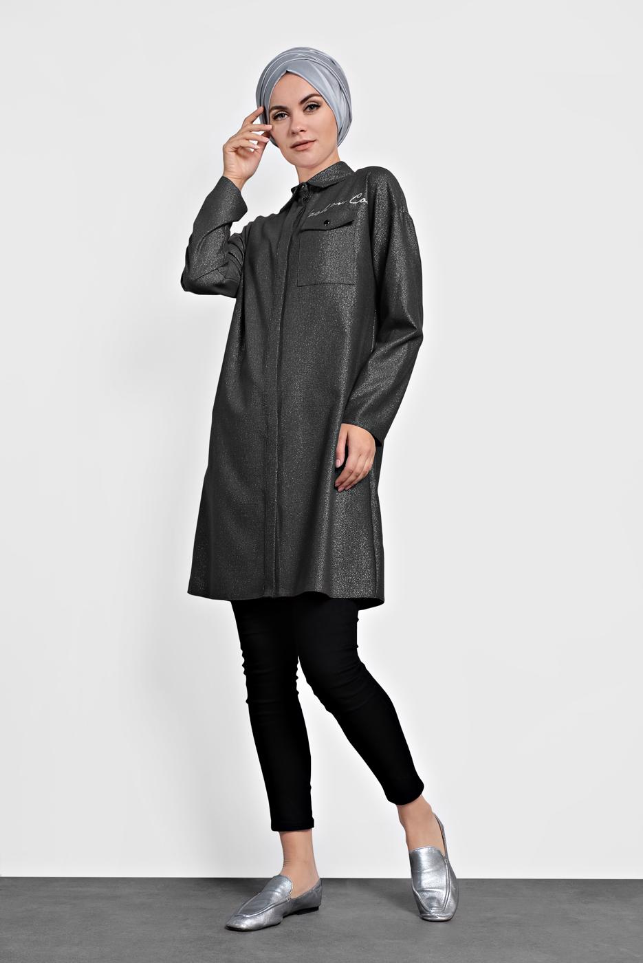 Tesettür giyim HAKİ ALVİNA ERKEK YAKA PARLAK TUNİK 40211 
