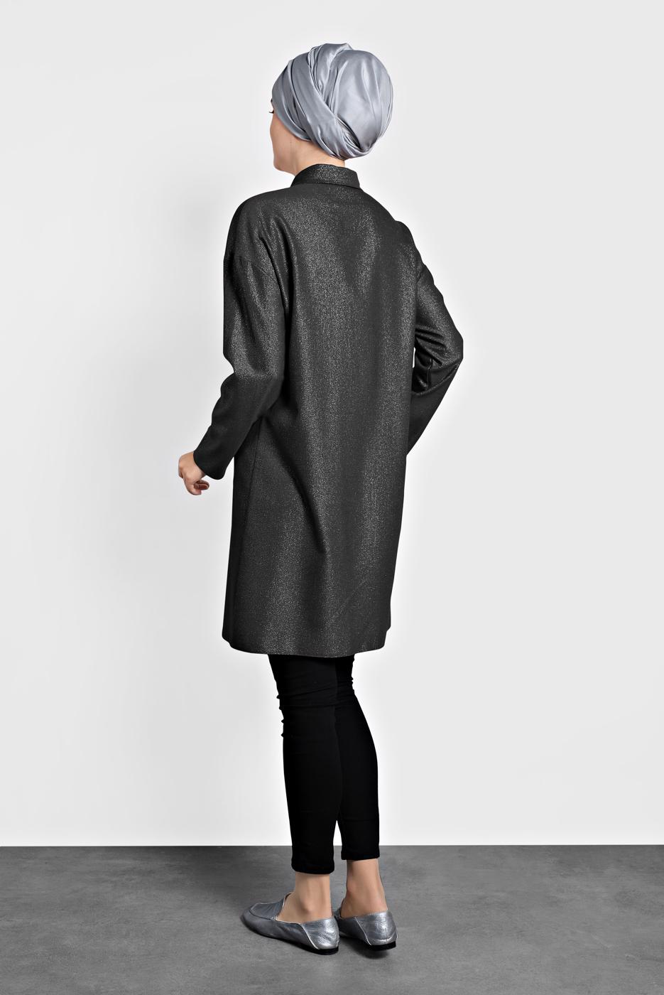 Tesettür giyim HAKİ ALVİNA ERKEK YAKA PARLAK TUNİK 40211 