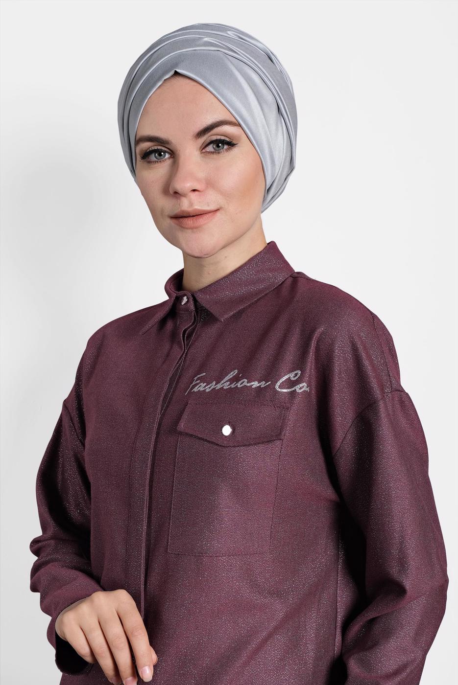 Tesettür giyim MÜRDÜM ALVİNA ERKEK YAKA PARLAK TUNİK 40211 