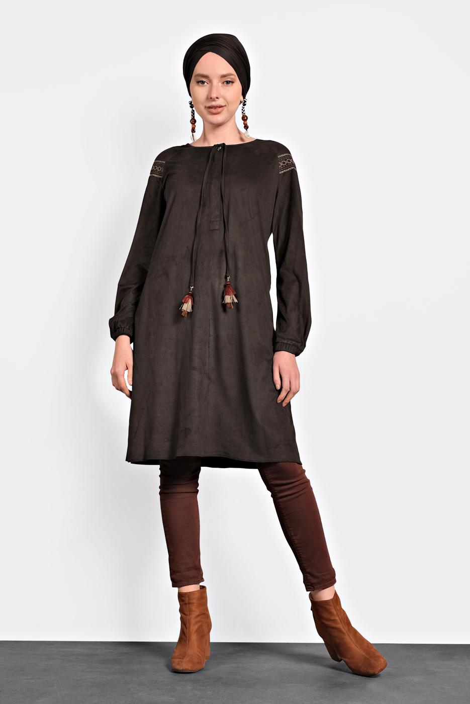 Tesettür giyim KAHVE ALVİNA YAKASI BAĞCIKLI TUNİK 40263 