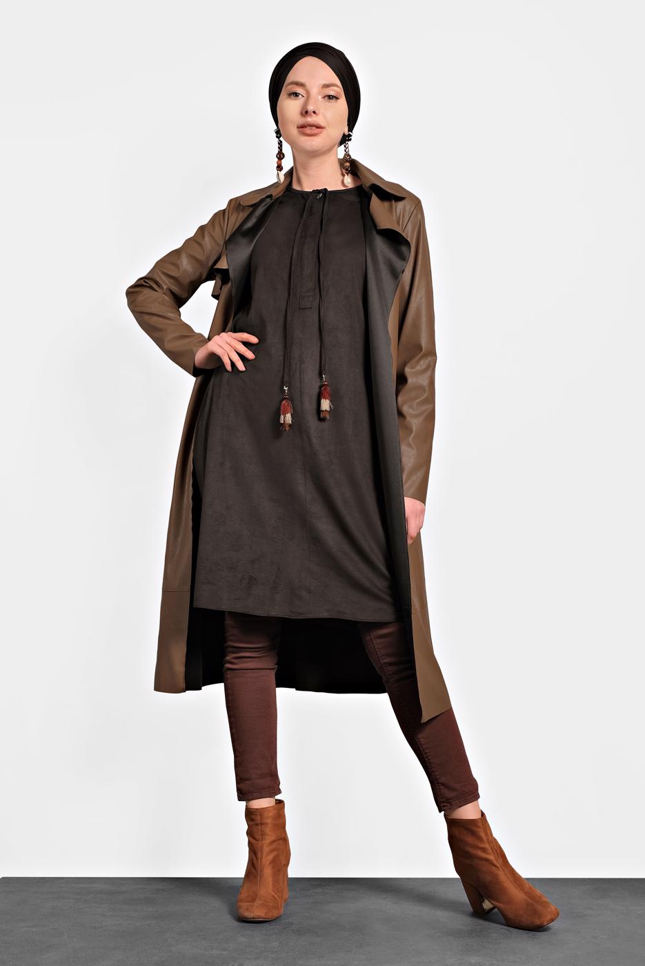 Tesettür giyim KAHVE ALVİNA YAKASI BAĞCIKLI TUNİK 40263 