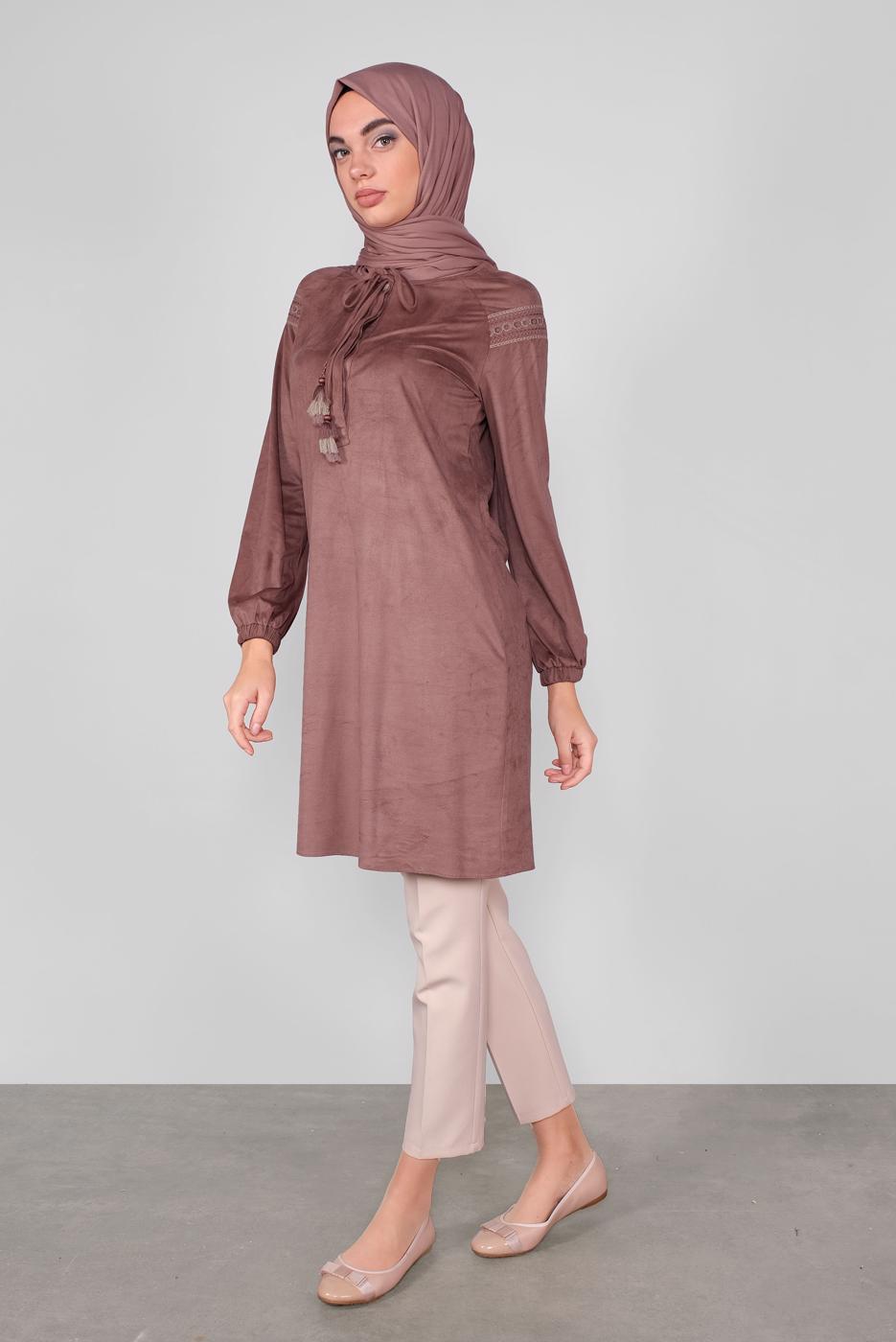 Tesettür giyim PUDRA ALVİNA YAKASI BAĞCIKLI TUNİK 40263 