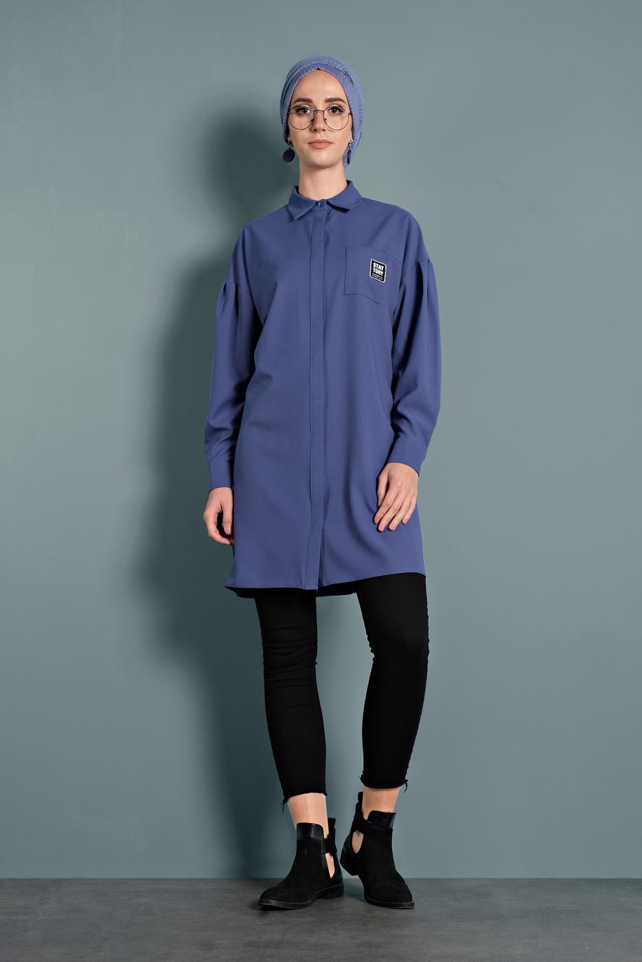 Tesettür giyim YEŞİL ALVİNA CEPTE BASKI DETAYLI GİZLİ DÜĞMELİ TUNİK 40277