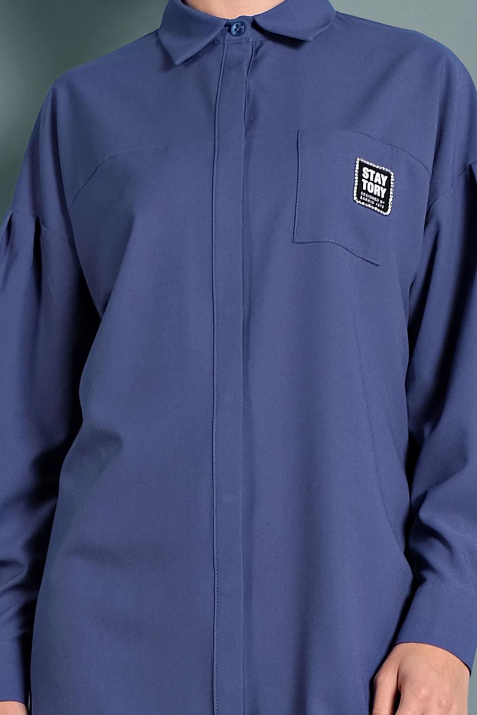 Tesettür giyim YEŞİL ALVİNA CEPTE BASKI DETAYLI GİZLİ DÜĞMELİ TUNİK 40277