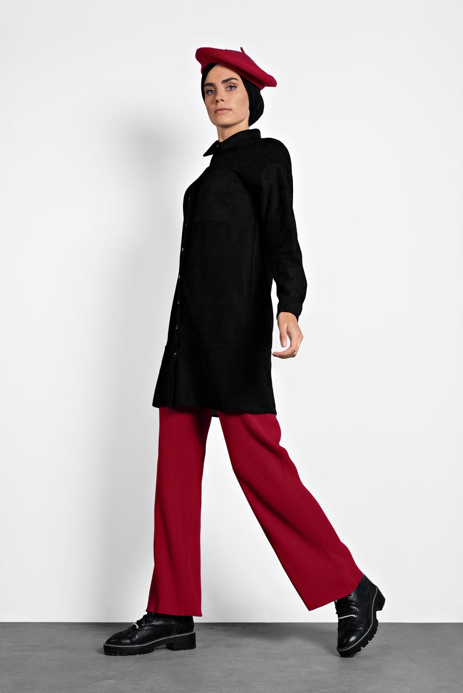 Tesettür giyim SİYAH ALVİNA DÜĞMELİ KADİFE TUNİK 40283