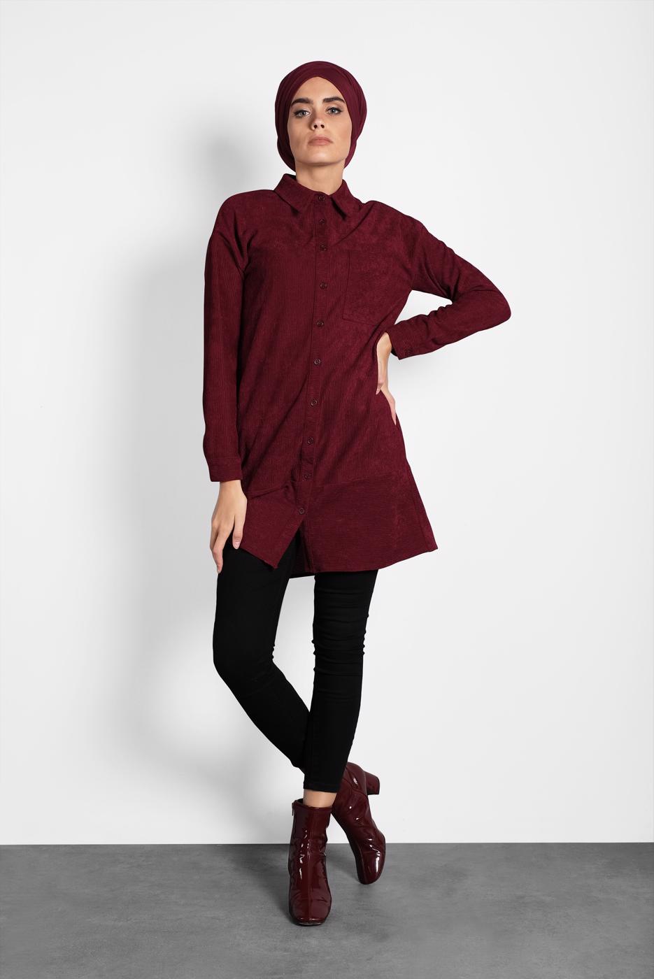 Tesettür giyim BORDO ALVİNA DÜĞMELİ KADİFE TUNİK 40283