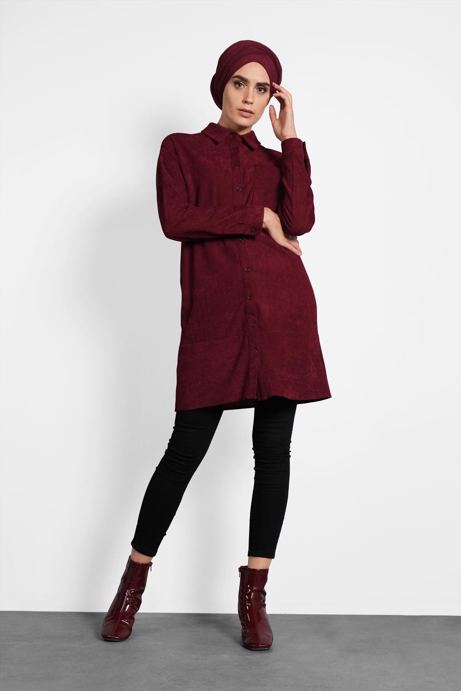Tesettür giyim BORDO ALVİNA DÜĞMELİ KADİFE TUNİK 40283