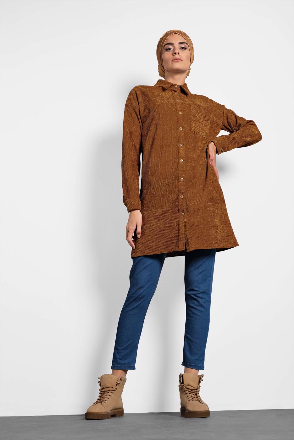 Tesettür giyim TABA ALVİNA DÜĞMELİ KADİFE TUNİK 40283