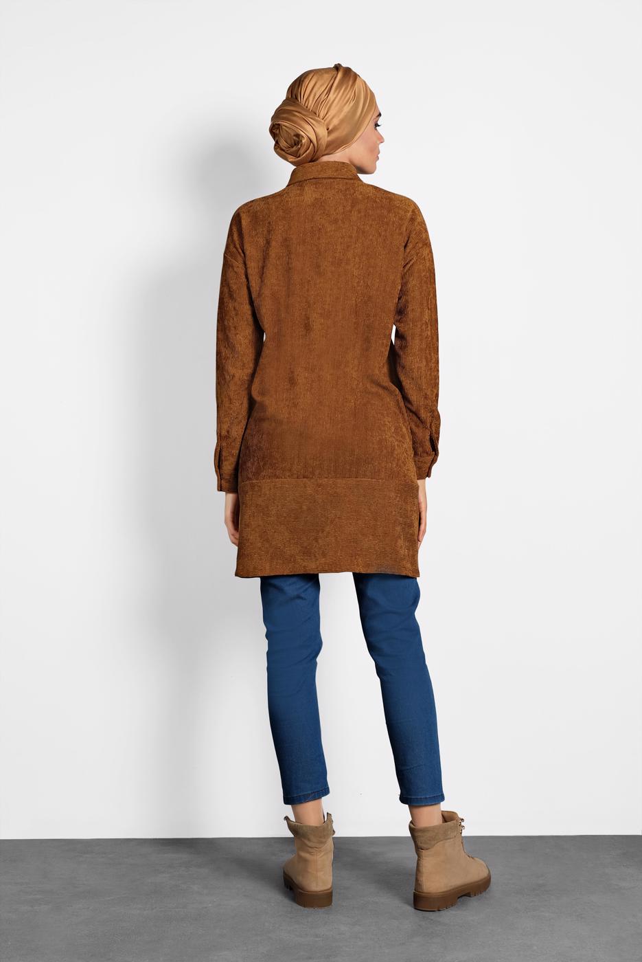 Tesettür giyim TABA ALVİNA DÜĞMELİ KADİFE TUNİK 40283